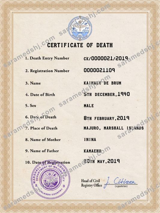 Marshall Islands death certificate PSD template